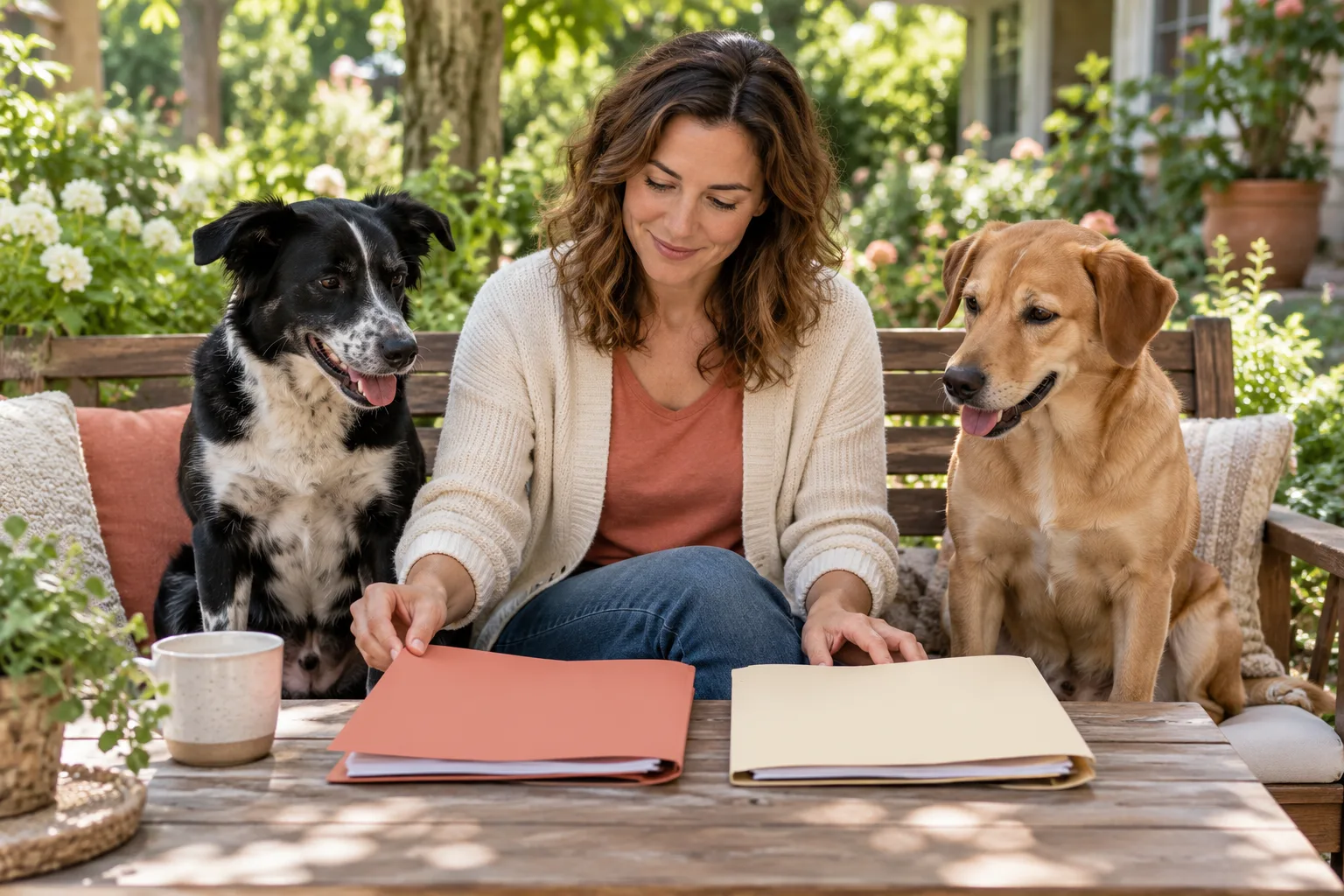 Owner reviewing two folders outdoors with two dogs beside the bench